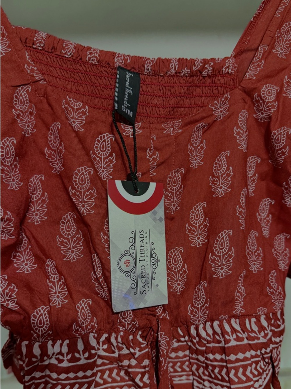 Sacred Threads Rust Red Printed Cropped Peasant Top - Picture 4 of 6